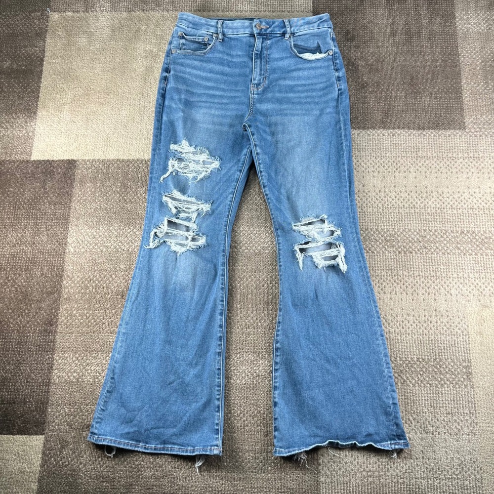 American Eagle High Rise Flare Distressed Jeans Blue Frayed Raw Hem Size 12